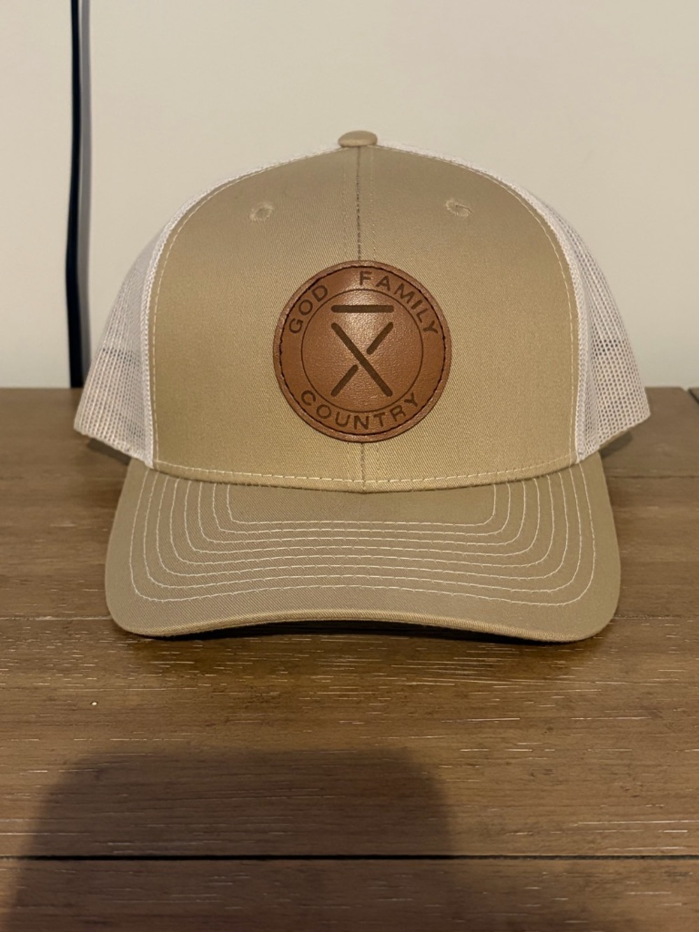God Family Country Leather Patch Trucker Hat - Khaki & White